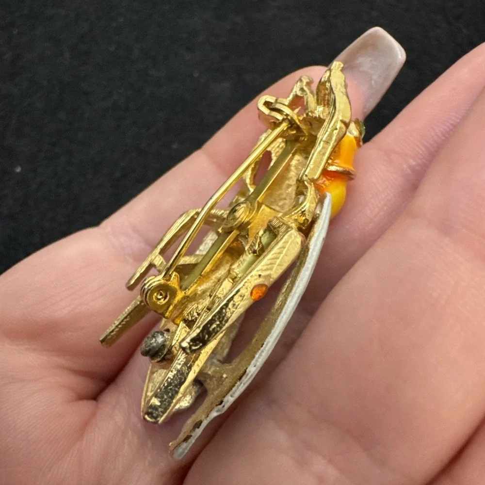 Vintage 1950's Gorgeous Enamel Cicada Brooch Multicolored Gold Tone